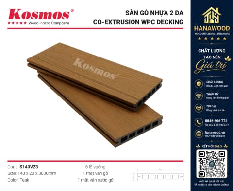 Sàn Gỗ Nhựa Lỗ Vuông 2 Da Kosmos S140V23 Teak bề mặt chống trơn trượt