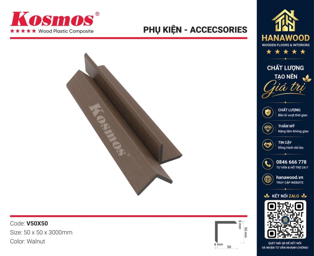 Nẹp Chữ V Gỗ Nhựa Polymer Kosmos V50X50 Walnut che đầu kết thúc tấm ốp