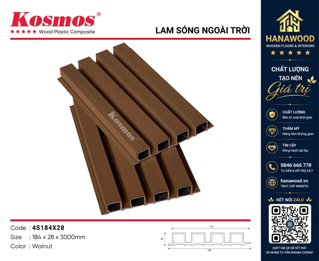 Tấm Ốp Trần Lam Sóng Ngoài Trời ASA Kosmos 4S184X28 Walnut