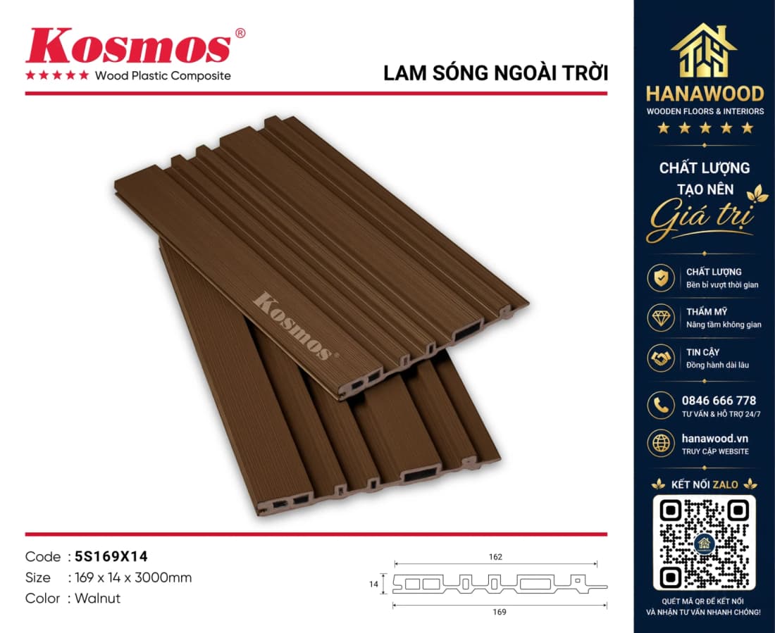 Tấm Ốp Lam 5 Sóng Phủ ASA Kosmos 5S169X14 Walnut