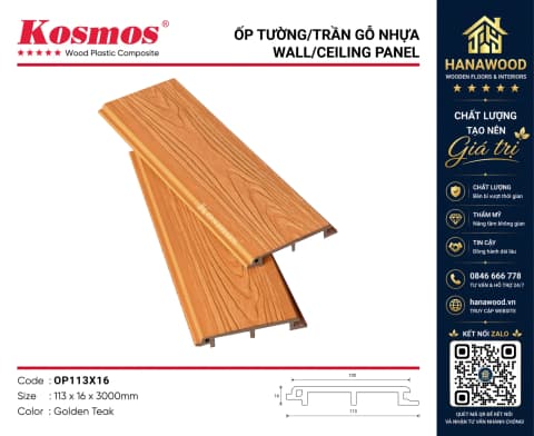 Tấm Ốp Vách Ngoài Trời ASA Kosmos OP113X16 Golden Teak chất liệu nhựa chịu thời tiết tốt