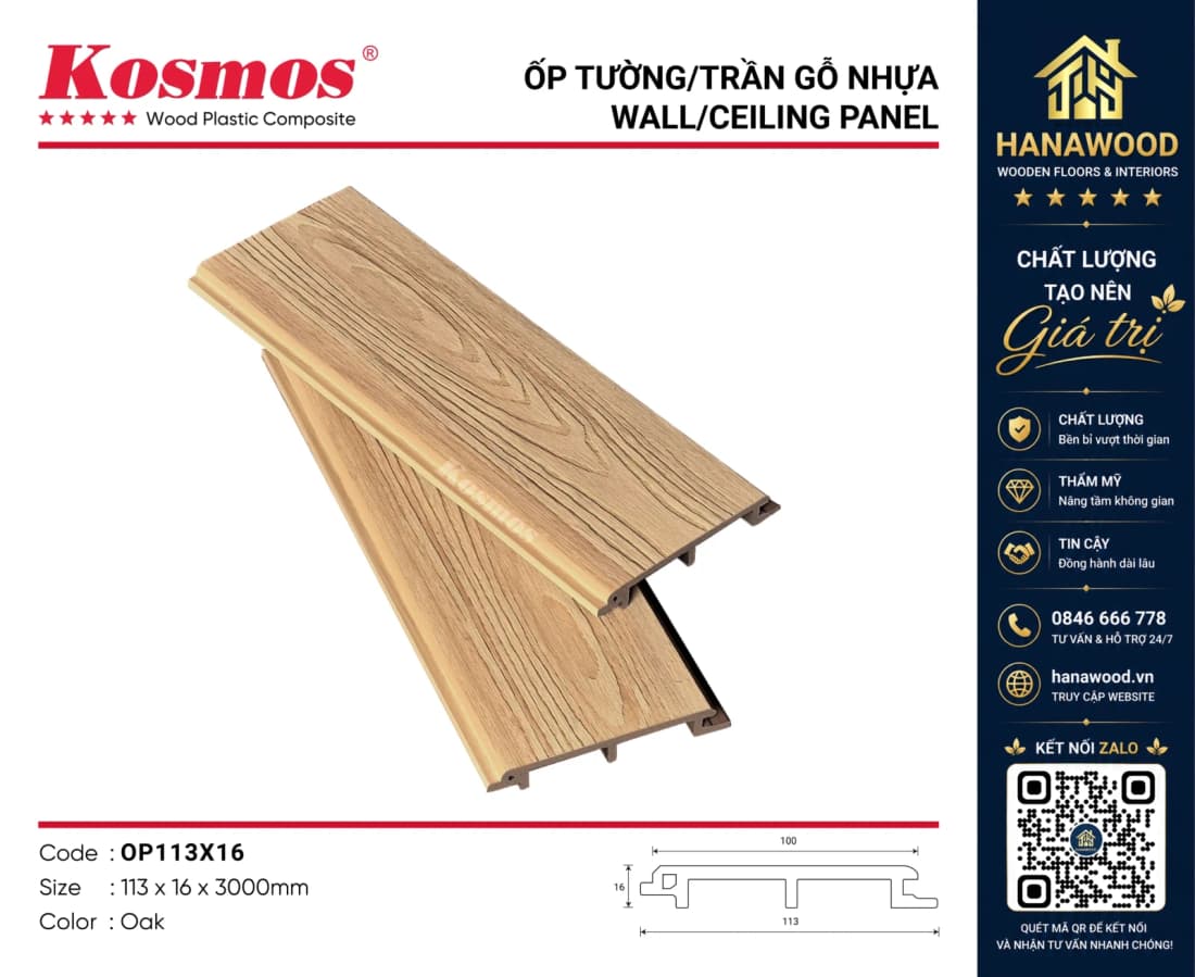 Tấm Ốp Vách Gỗ Nhựa ASA Kosmos OP113X16 Oak cấu tạo chắc chắn bo viền góc đẹp mắt