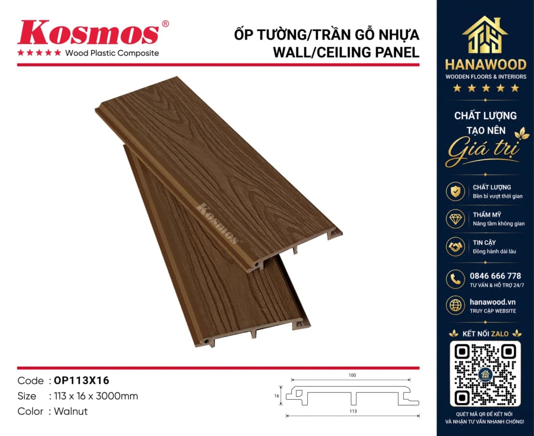 Tấm Ốp Gỗ Nhựa Ngoài Trời Phủ ASA Kosmos OP113X16 Walnut