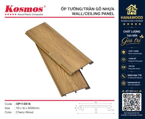 Tấm Ốp Tường Phủ ASA Kosmos OP113X16 Cherry Wood tone màu ấm áp chịu ánh nắng trực tiếp