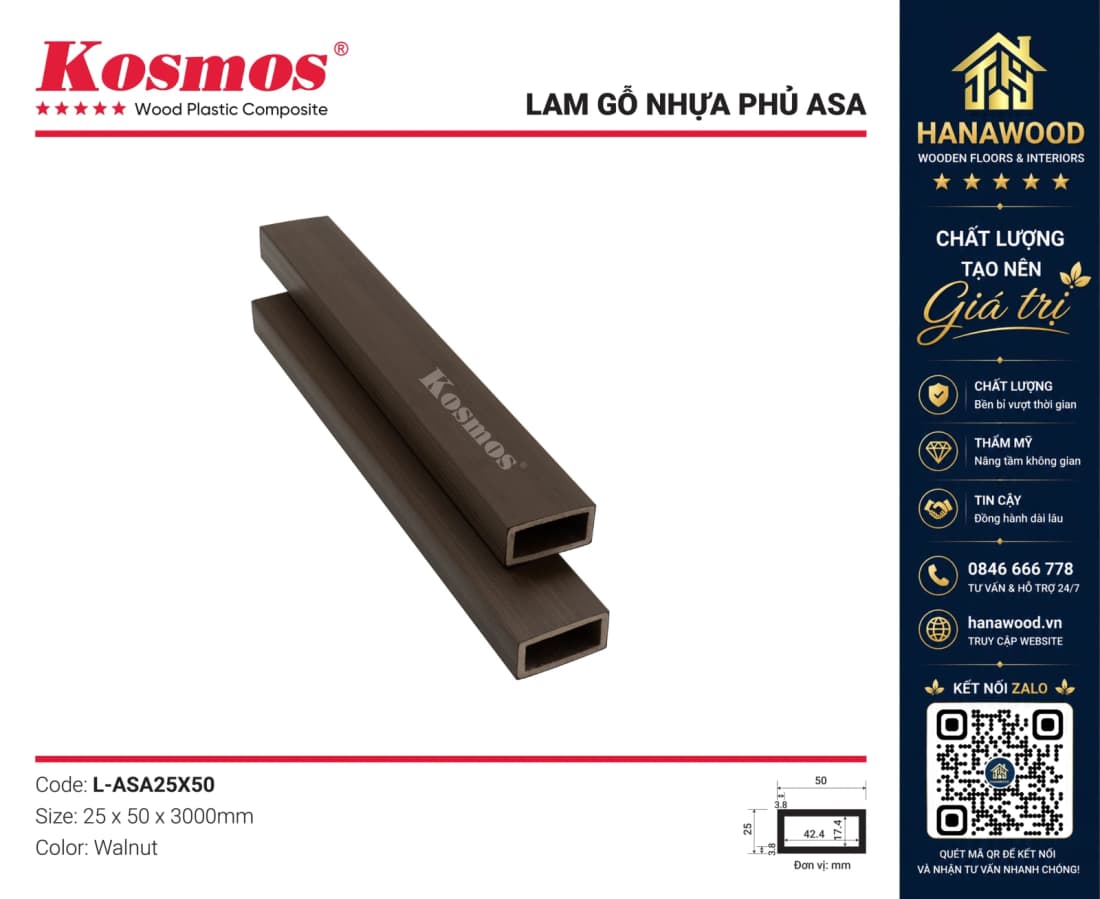 Thanh Lam Gỗ Nhựa Phủ ASA Ngoài Trời Kosmos L-ASA25X50 Walnut