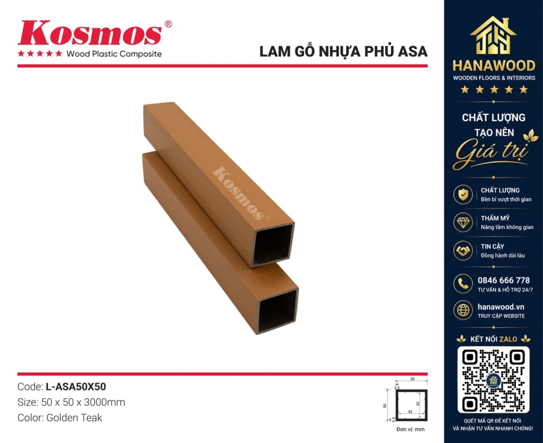 Thanh Lam Gỗ Nhựa Phủ ASA Kosmos L-ASA50X50 Golden Teak kết cấu hèm khỏe chịu lực va đập