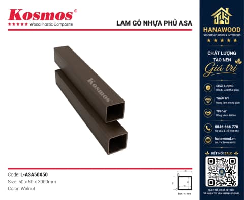 Lam Hộp Gỗ Nhựa Phủ ASA Kosmos L-ASA50X50 Walnut chống mối mọt không cong vênh ngoài trời