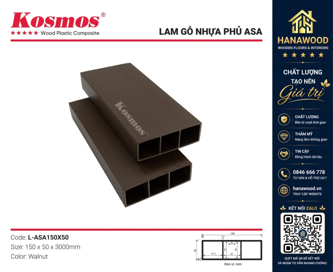 Thanh Lam Gỗ Nhựa Ngoài Trời Phủ ASA Kosmos L-ASA150X50 Walnut