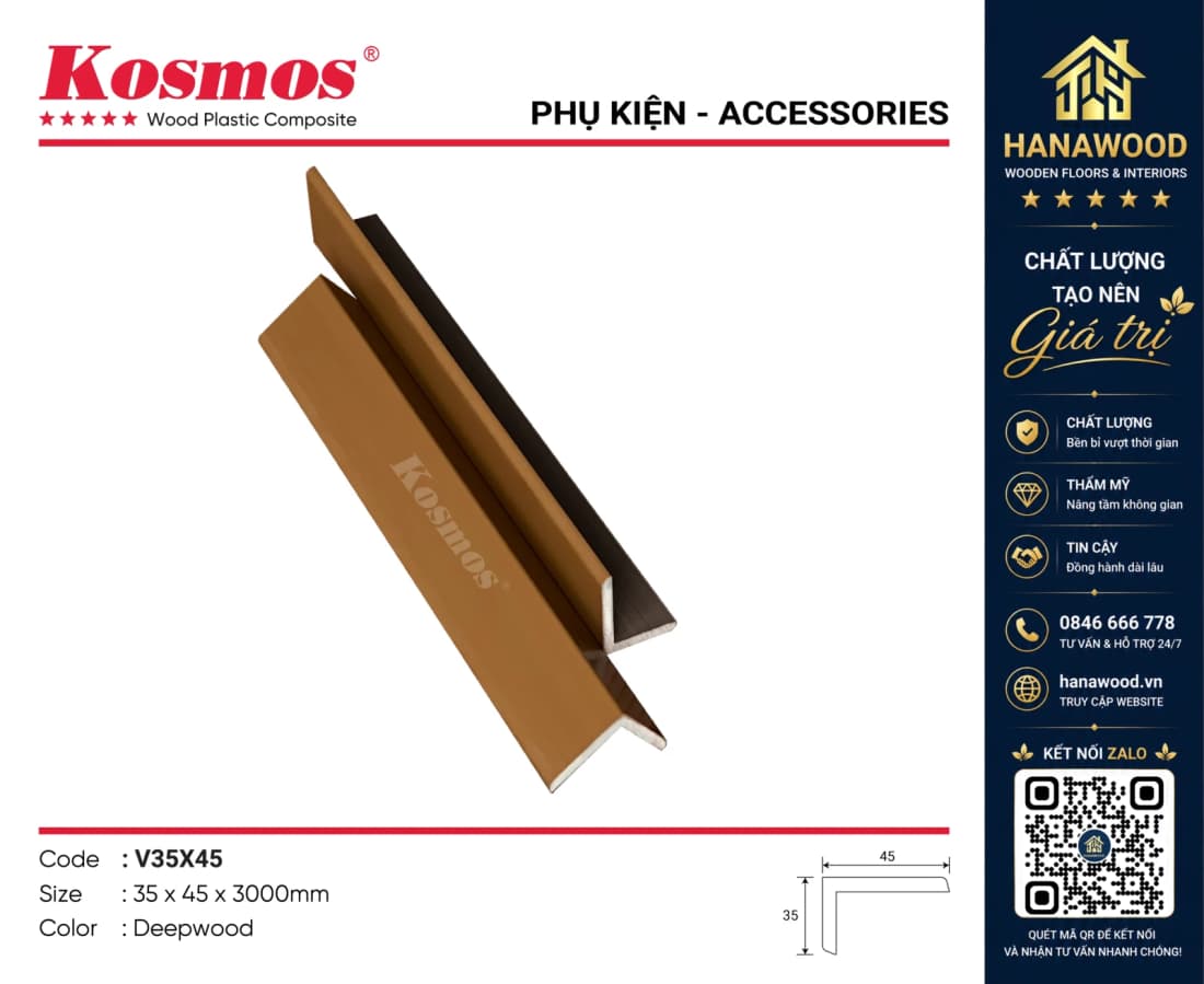 Nẹp Chữ V Gỗ Nhựa Phủ ASA Kosmos V35X45 Deepwood che đầu kết thúc tấm ốp ngoài trời