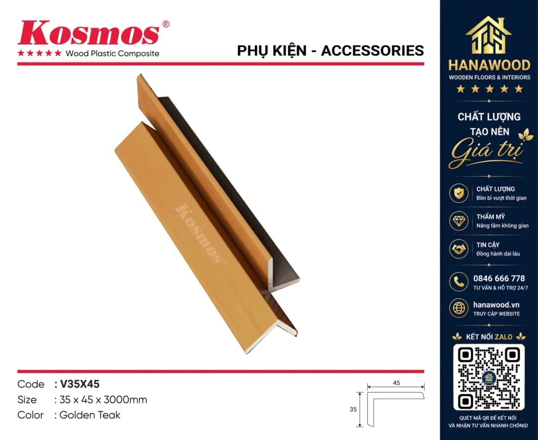Nẹp Góc V Gỗ Nhựa Phủ ASA Kosmos V35X45 Golden Teak siêu bền màu chống tia UV
