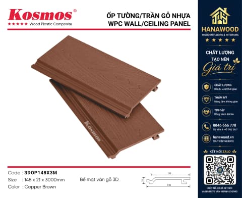 Ốp Vách Gỗ Nhựa Ngoài Trời Kosmos 3DOP148X3M Copper Brown khả năng chống ẩm mốc không cong vênh