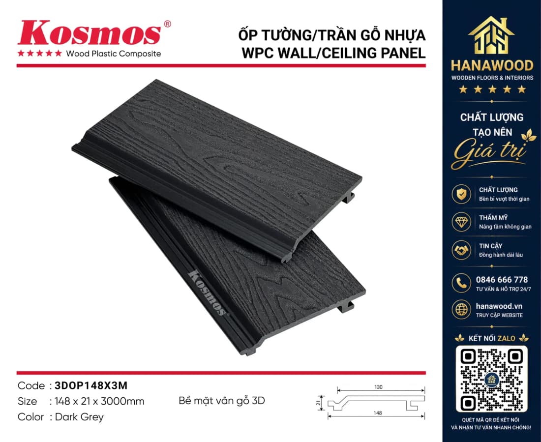 Tấm Ốp Tường Ngoài Trời Kosmos 3DOP148X3M Dark Grey góc chụp cận cảnh bề mặt phủ vân gỗ 3D