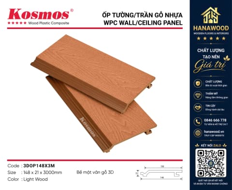 Ốp Trần Ban Công Gỗ Nhựa Kosmos 3DOP148X3M Light Wood bề mặt phủ màng chống UV cao cấp