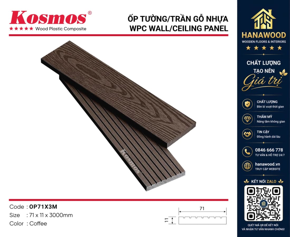Thanh Lam Đa Năng Gỗ Nhựa Kosmos OP71X3M Coffee chất liệu composite siêu chịu lực