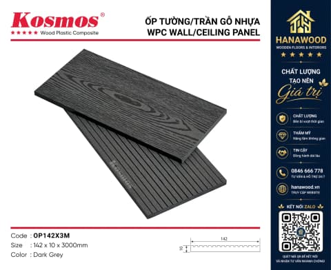 Thanh Lam Đa Năng Gỗ Nhựa Kosmos OP142X3M Dark Grey chi tiết mặt cắt khung lam trang trí