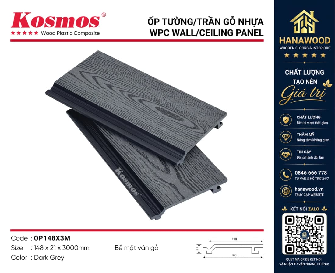 Tấm Ốp Tường Gỗ Nhựa Kosmos OP148X3M Dark Grey tông màu xám hiện đại chịu thời tiết