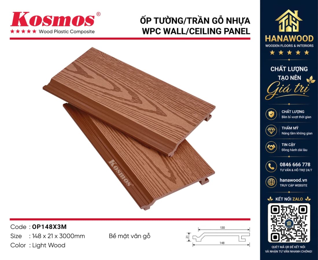 Tấm Ốp Ngoài Trời Vân Gỗ Kosmos OP148X3M Light Wood phối cảnh thực tế mảng tường hoàn thiện