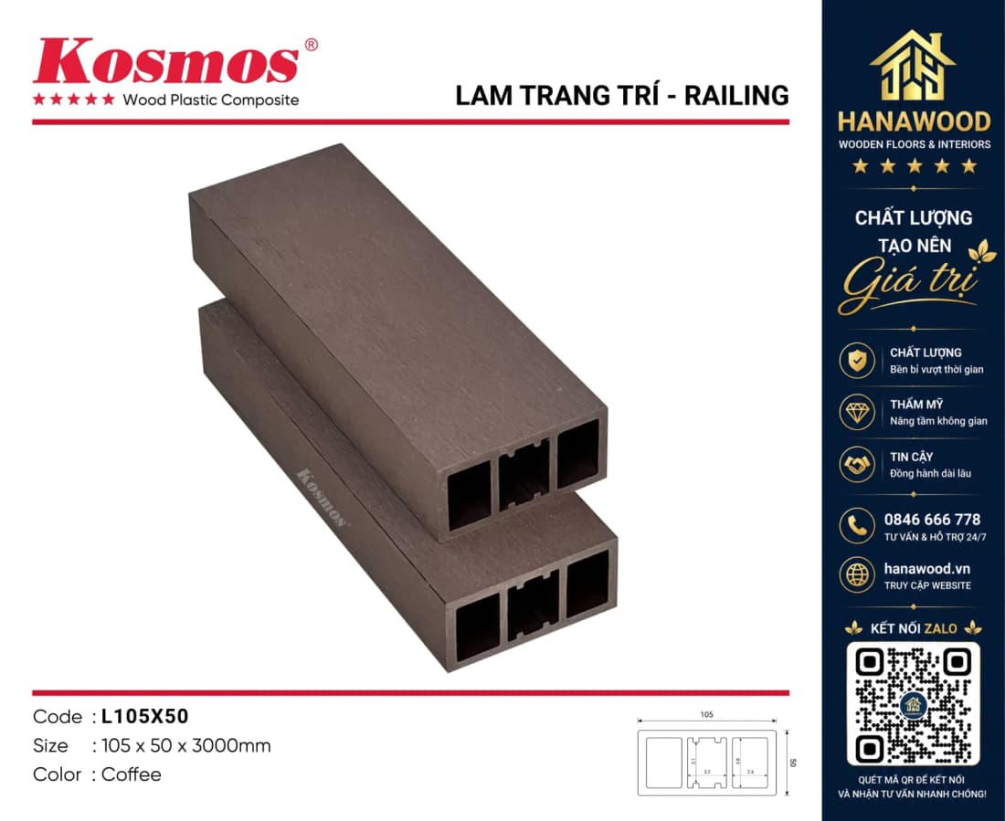 Thanh Lam Hộp Gỗ Nhựa Kosmos L105x50 Coffee chịu mưa nắng chống ẩm mốc