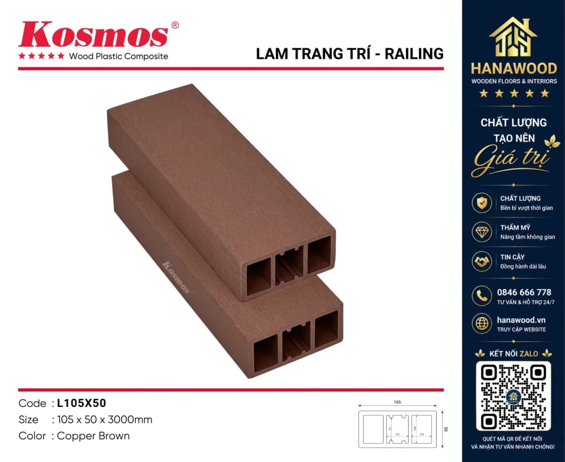 Thanh Lam Gỗ Nhựa Ngoài Trời Kosmos L105x50 Copper Brown bề mặt vân gỗ tự nhiên