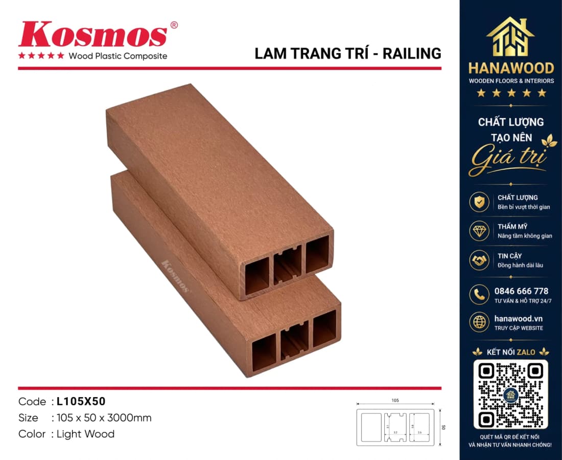 Thanh Lam Hộp Ngoài Trời Kosmos L105x50 Light Wood kết cấu rỗng chịu lực tốt