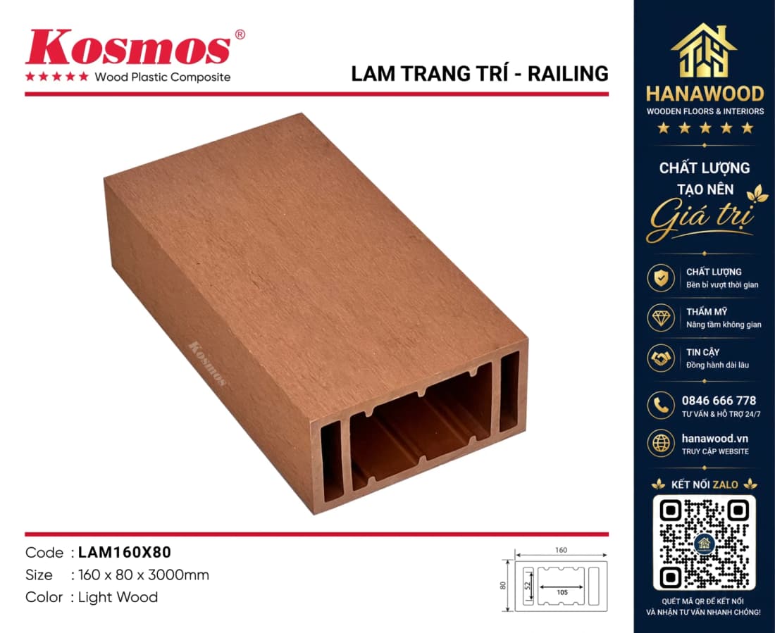 Thanh Lam Hộp Gỗ Nhựa Kosmos LAM160x80 Light Wood ứng dụng trang trí cổng rào