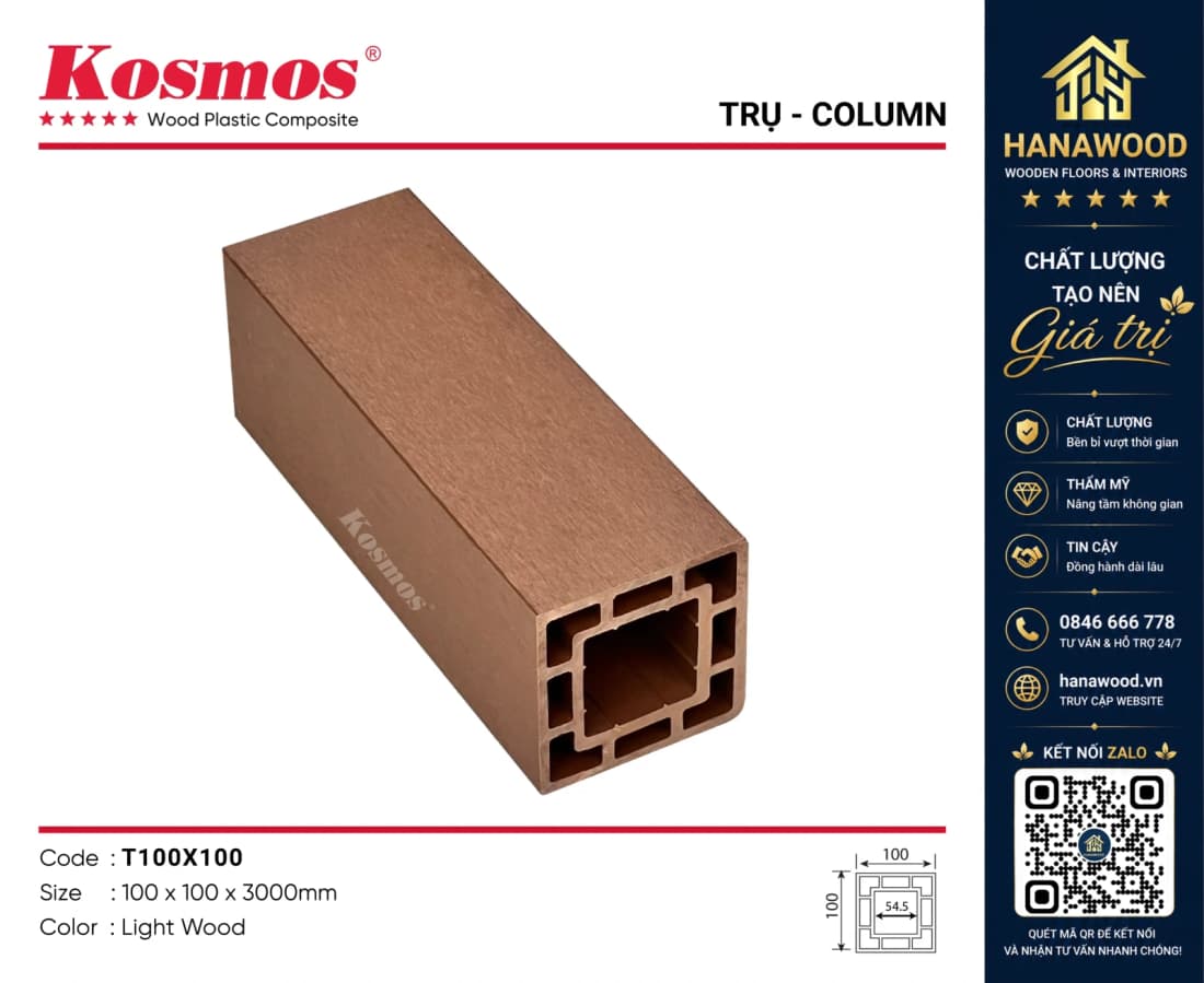 Trụ Pergola Giàn Hoa Kosmos T100x100 Light Wood bề mặt phủ màng chống UV cao cấp
