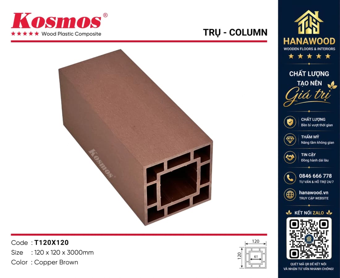 Trụ Pergola Giàn Hoa Kosmos T120x120 Copper Brown chân trụ vững chắc chống mối mọt