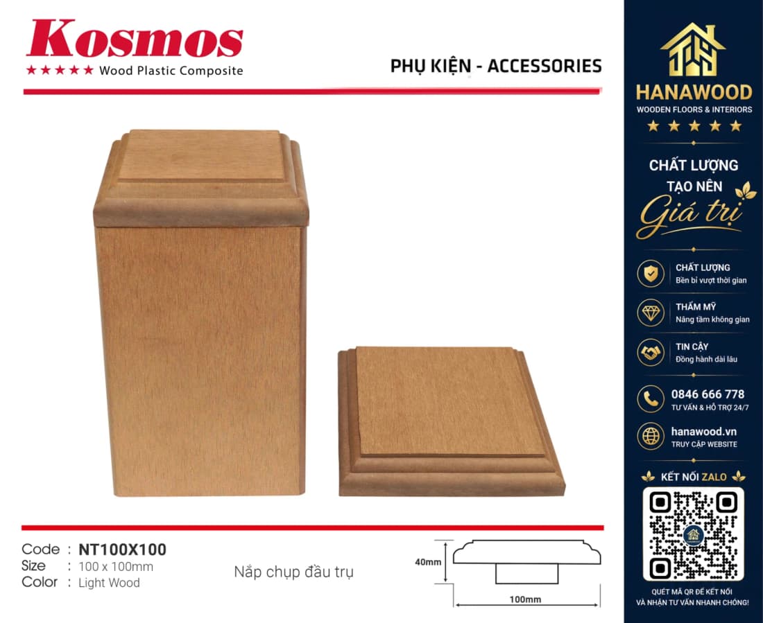 Nắp Bịt Đầu Trụ Pergola Gỗ Nhựa Kosmos NT100X100 Light Wood