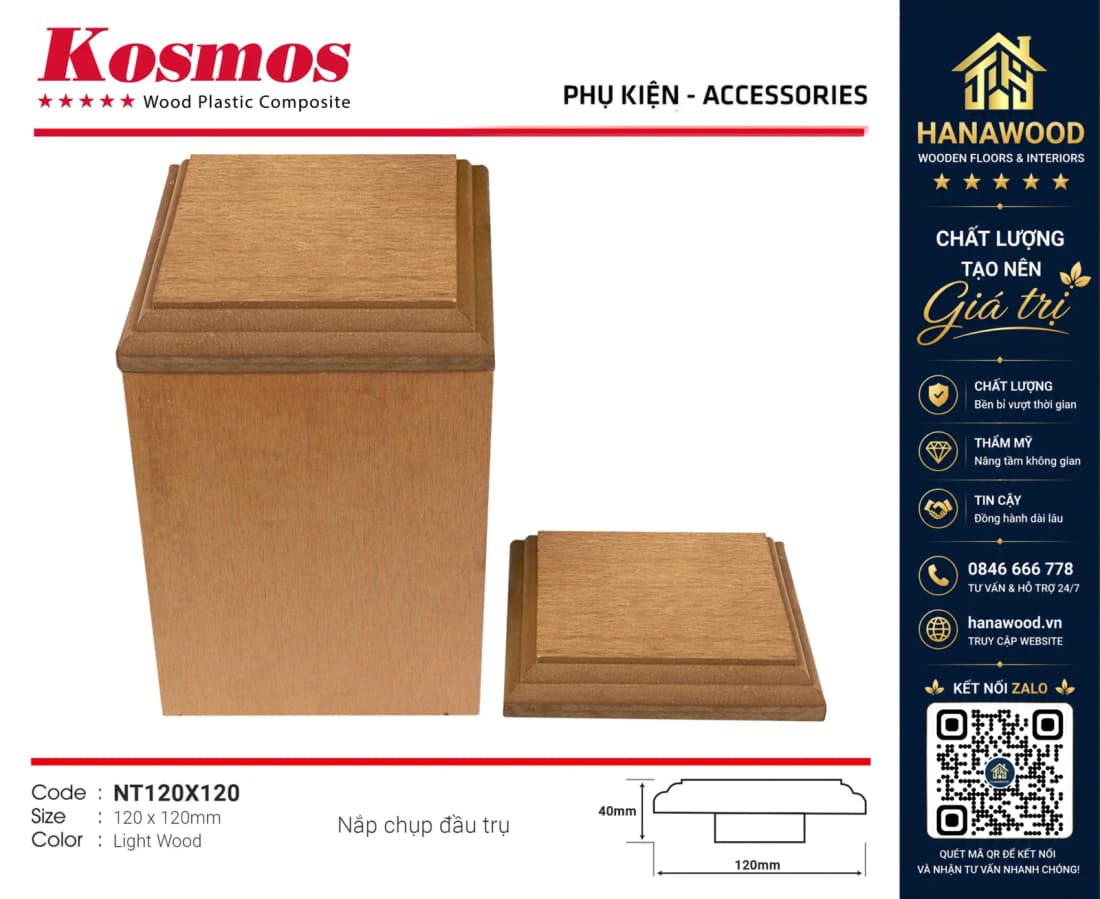 Nắp Bịt Đầu Trụ Pergola Gỗ Nhựa Kosmos NT120X120 Light Wood ôm sát đầu trụ chống bám bụi