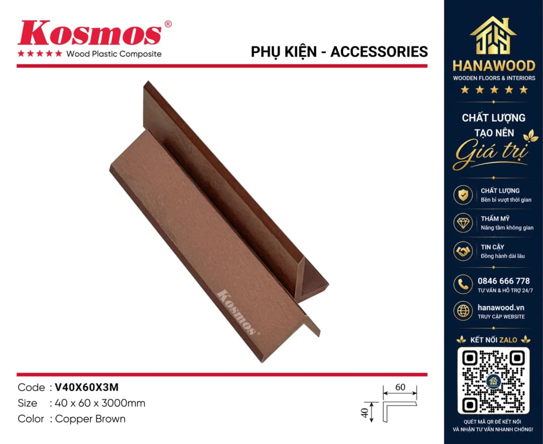 Nẹp Chữ V Ngoài Trời Kosmos V40X60X3M Copper Brown che viền kết thúc tấm ốp thẩm mỹ