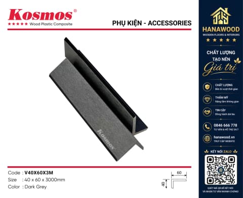 Nẹp Góc V Gỗ Nhựa Ngoài Trời Kosmos V40X60X3M Dark Grey bo góc vuông chắc chắn chịu tải