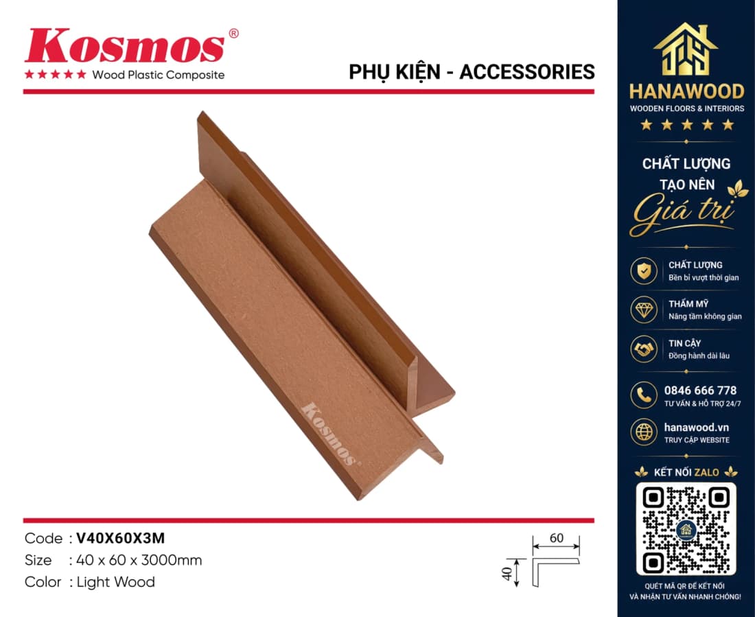 Nẹp V Gỗ Nhựa Ngoài Trời Kosmos V40X60X3M Light Wood lớp phủ chống tia UV bền màu