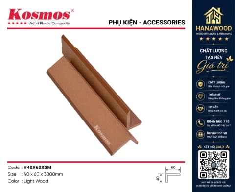 Nẹp V Gỗ Nhựa Ngoài Trời Kosmos V40X60X3M Light Wood lớp phủ chống tia UV bền màu