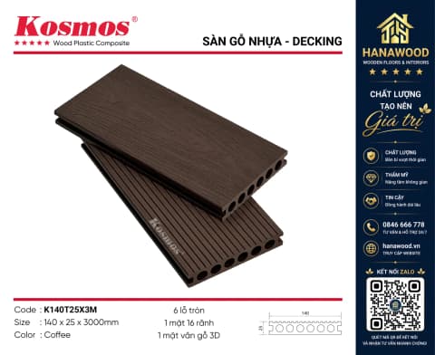 Sàn Gỗ Nhựa Lỗ Tròn Ngoài Trời Kosmos K140T25X3M Coffee chịu lực cao chống trơn trượt