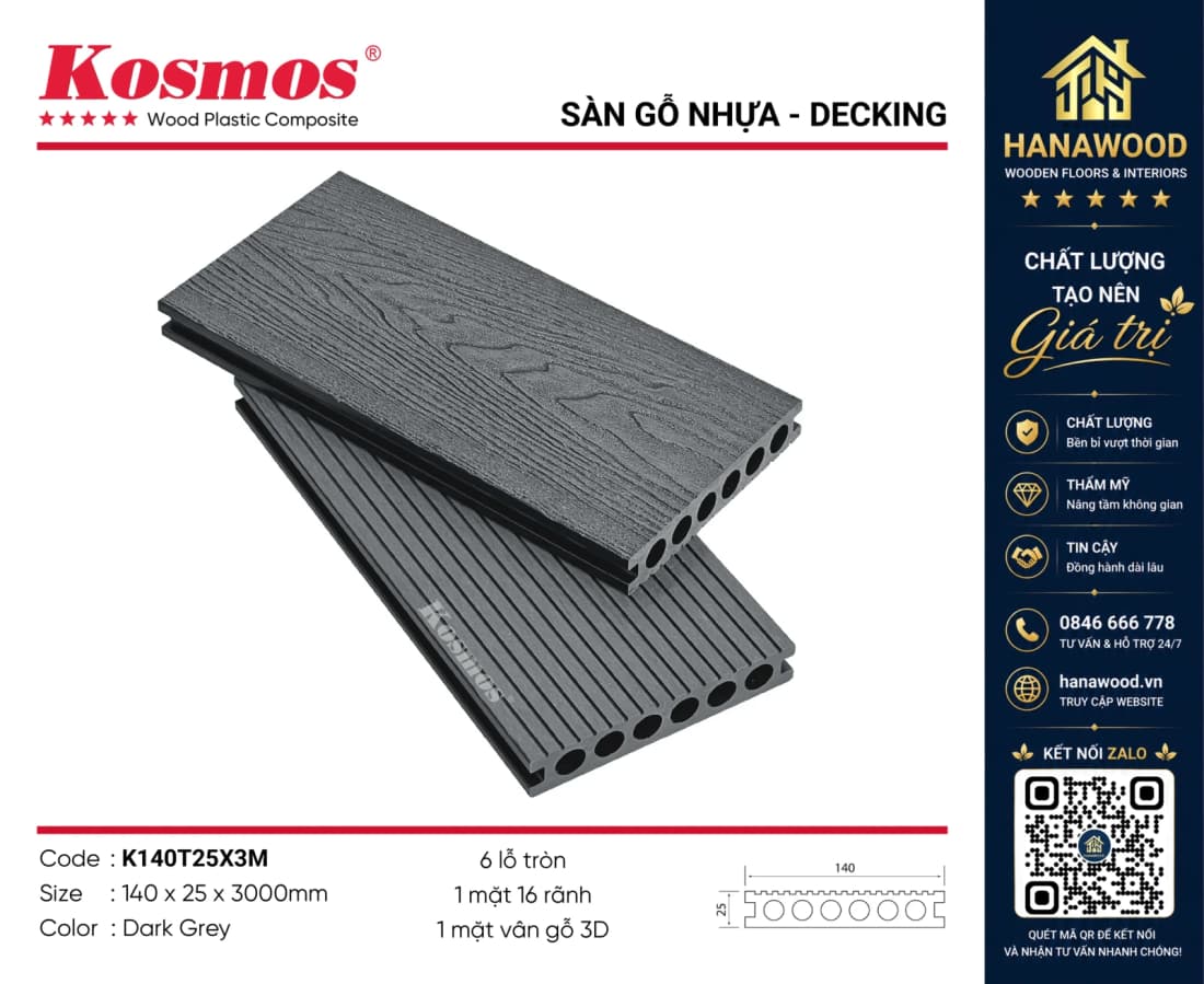Ốp Sàn Gỗ Nhựa Lỗ Tròn Kosmos K140T25X3M Dark Grey tông xám sang trọng không cong vênh