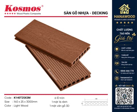 Sàn Sân Vườn Gỗ Nhựa Ngoài Trời Lỗ Tròn Kosmos K140T25X3M Light Wood