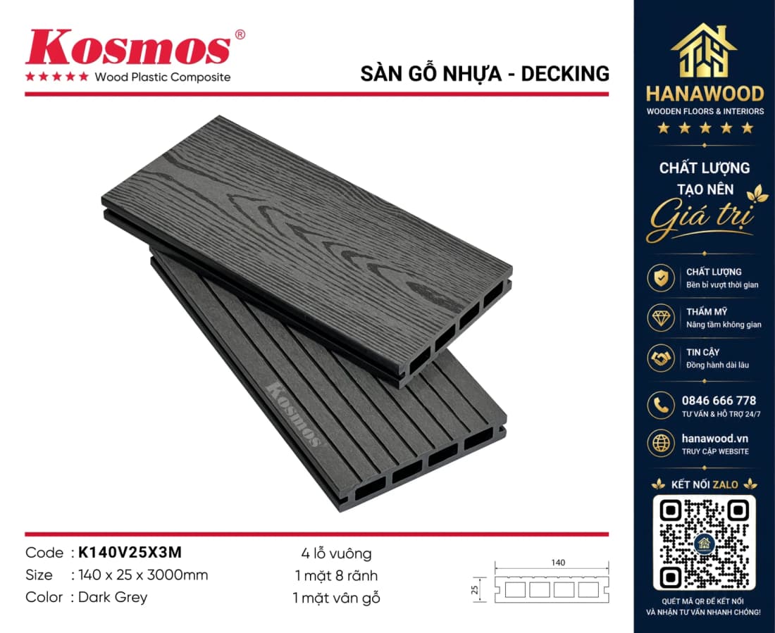 Sàn Hồ Bơi Lỗ Vuông Gỗ Nhựa Kosmos K140V25X3M Dark Grey chịu lực va đập bề mặt nhám