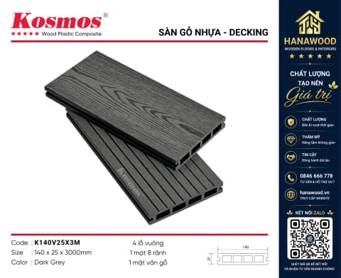 Sàn Hồ Bơi Lỗ Vuông Gỗ Nhựa Kosmos K140V25X3M Dark Grey chịu lực va đập bề mặt nhám