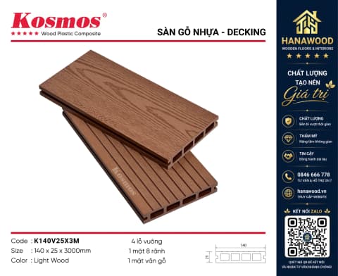 Sàn Gỗ Nhựa Ngoài Trời Kosmos K140V25X3M Light Wood Lỗ Vuông