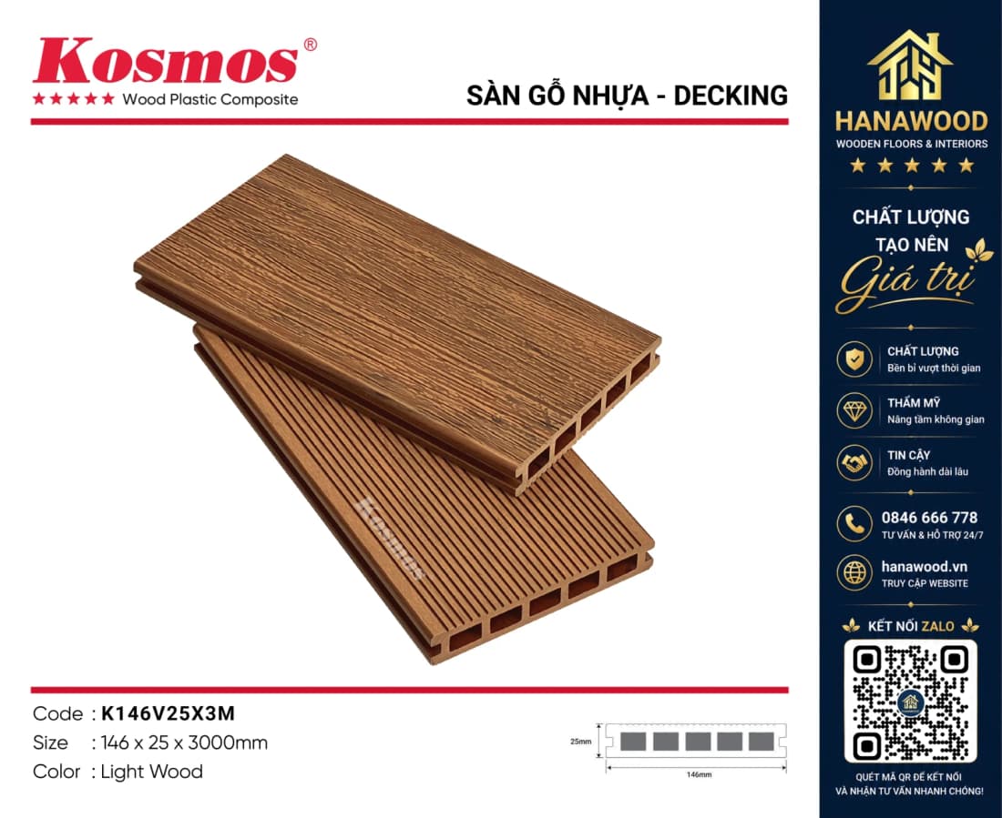 Sàn Lót Ngoại Thất 5 Lỗ Vuông Vân 3D Kosmos K146V25 Light Wood tông màu sáng hiện đại