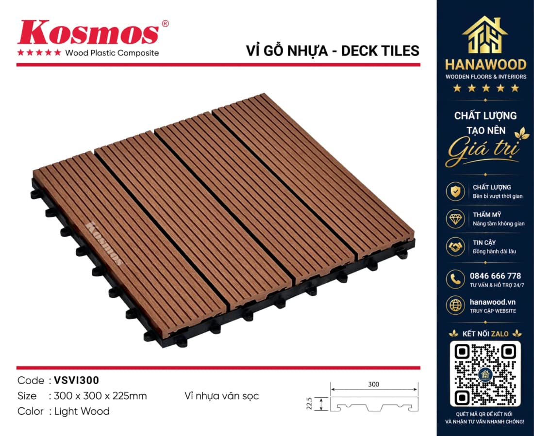 Vỉ Gỗ Nhựa Lót Ban Công Ngoài Trời Vân Sọc Kosmos VSVI300 Light Wood