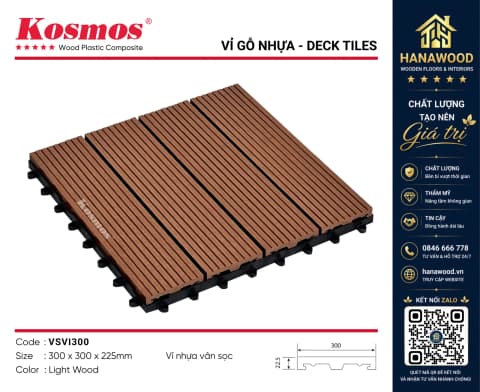 Vỉ Gỗ Nhựa Lót Ban Công Ngoài Trời Vân Sọc Kosmos VSVI300 Light Wood