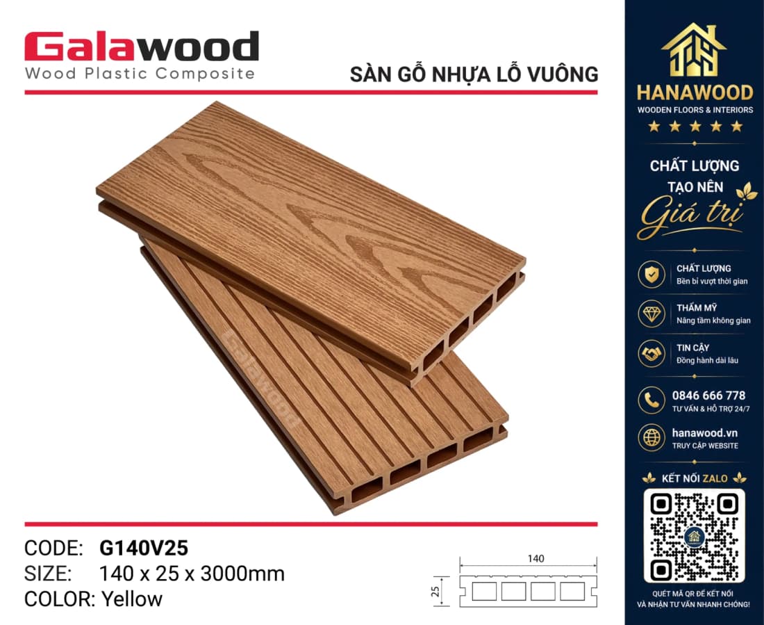 Sàn Gỗ Nhựa Lót Sân Thượng Galawood G140V25 Yellow tông màu ấm áp chịu ánh nắng trực tiếp