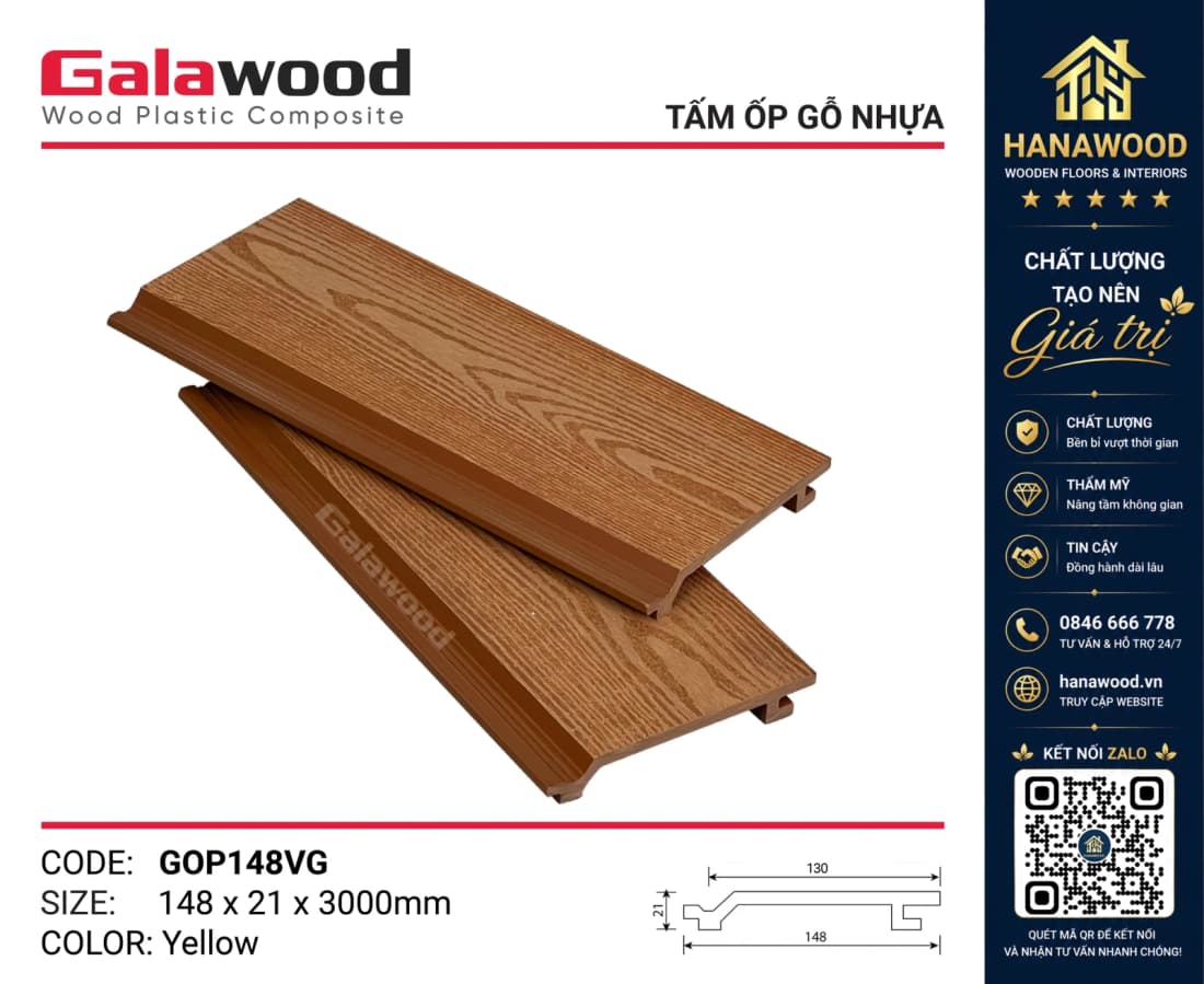 Ốp Tường Gỗ Nhựa Ngoài Trời Galawood GOP148VG Yellow chống tia UV không bám bụi bẩn