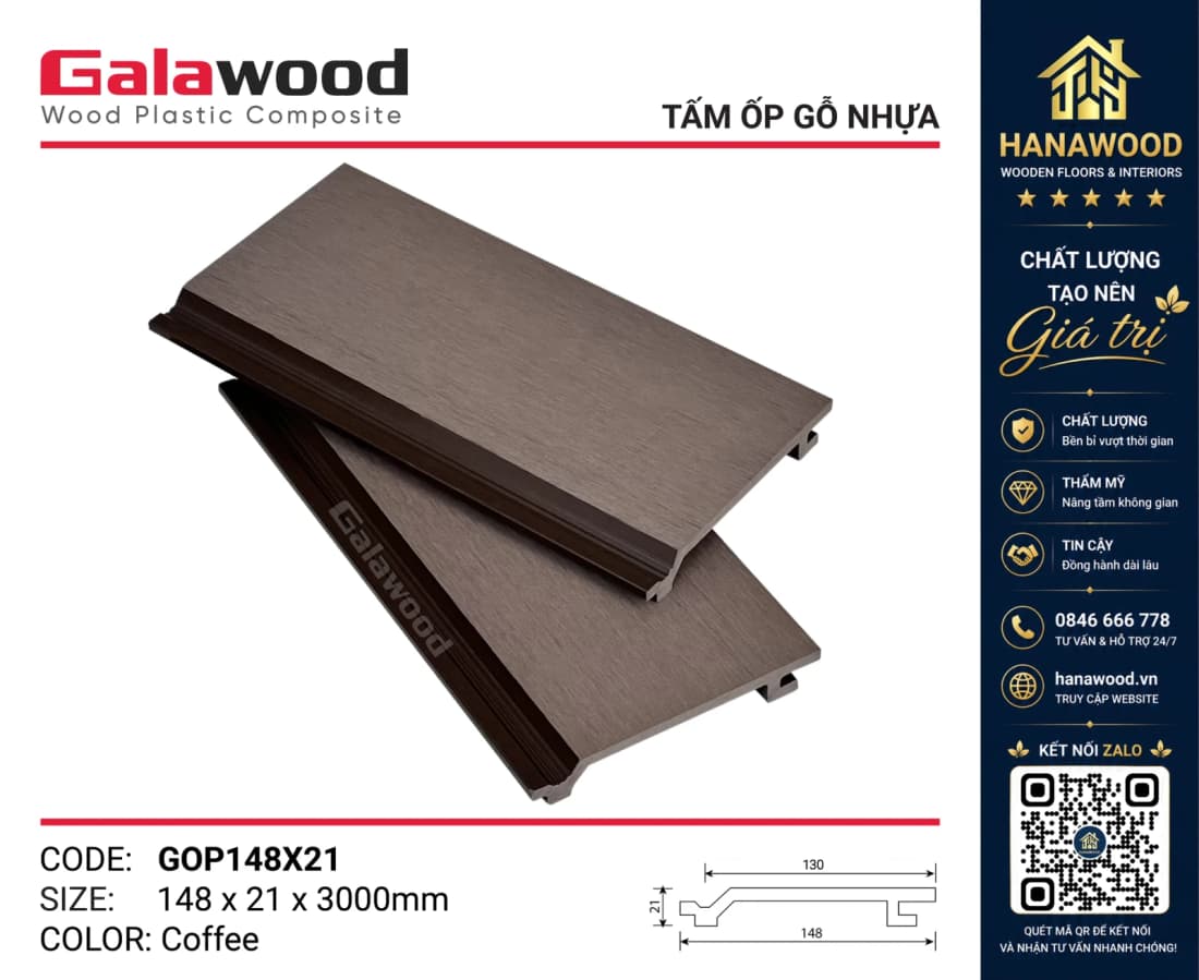 Tấm Ốp Gỗ Nhựa Ngoài Trời Galawood GOP148X21 Coffee màu cà phê sang trọng chịu thời tiết