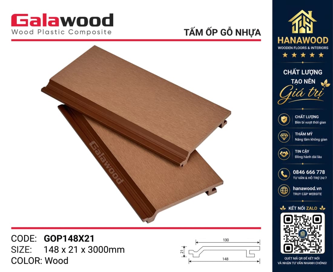 Tấm Ốp Gỗ Nhựa Ngoài Trời Galawood GOP148X21 Wood cấu trúc chắc chắn không cong vênh