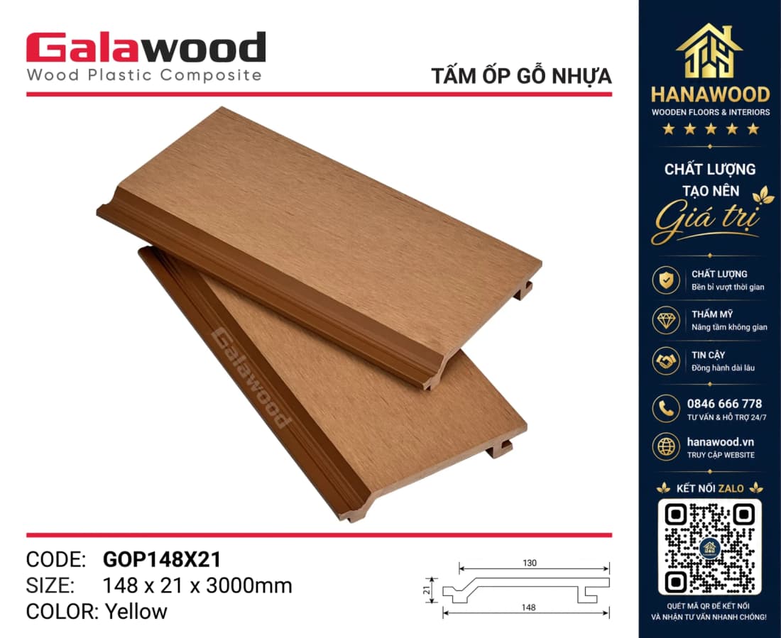 Tấm Ốp Gỗ Nhựa Ngoài Trời Galawood GOP148X21 Yellow tông màu gỗ tự nhiên thi công nhanh