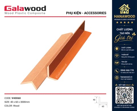 Nẹp Góc V Gỗ Nhựa Ngoài Trời Galawood V40X60 Wood che đầu nẹp khớp nối vuông vắn