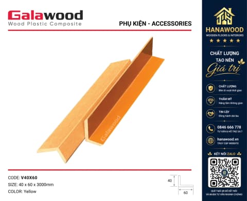 Nẹp Góc V Gỗ Nhựa Ngoài Trời Galawood V40X60 Yellow chất liệu gỗ nhựa cao cấp siêu bền