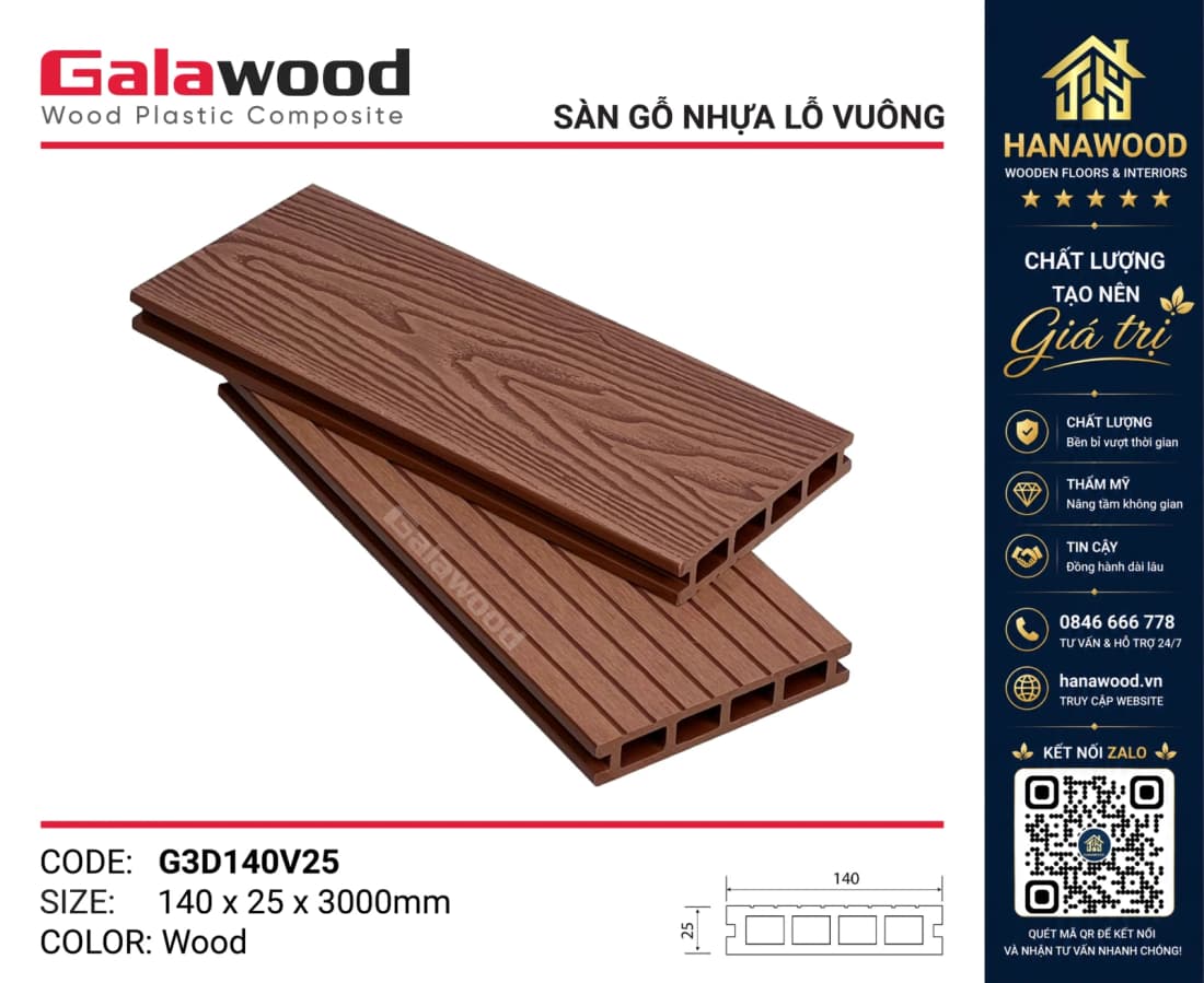 Sàn Hồ Bơi Gỗ Galawood G3D140V25 Wood góc cận cảnh bề mặt vân gỗ nổi chịu mưa nắng